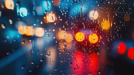Obraz premium Traffic lights glowing through the raindrops on a wet window, creating a blurred and colorful effect.