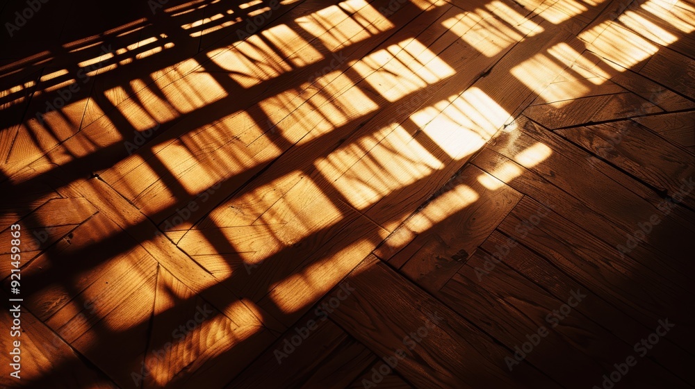 Poster sunlight filtering through a window and casting a shadowy design on a wooden floor