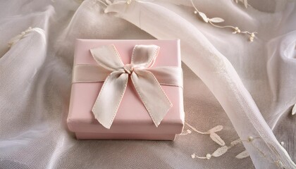 A pastel pink gift box with a delicate lace bow, placed on a soft cream-colored fabric. The 