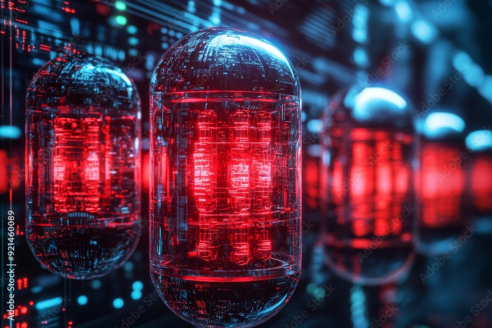 Poster futuristic containers with glowing contents illustrating the storage and management of energy in adv