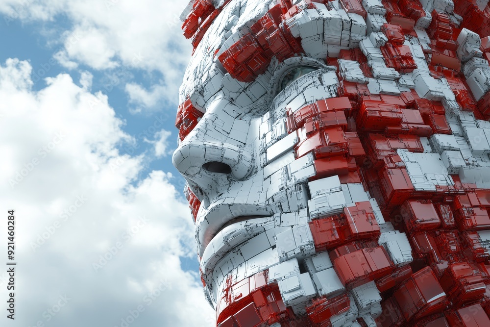 Poster futuristic robotic head with a universe of pills within representing the vast potential of ai in hea