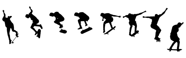 Dynamic silhouette sequence of skateboarder performing mid-air trick. Frame-by-frame image of skate trick. Black vector illustration of silhouette. Fluid motion and athletic skateboarding skill © Mykhailo Shvets