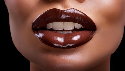 Obraz premium Deep chocolate brown lips with a glossy shine, slightly open to reveal a hint of white teeth