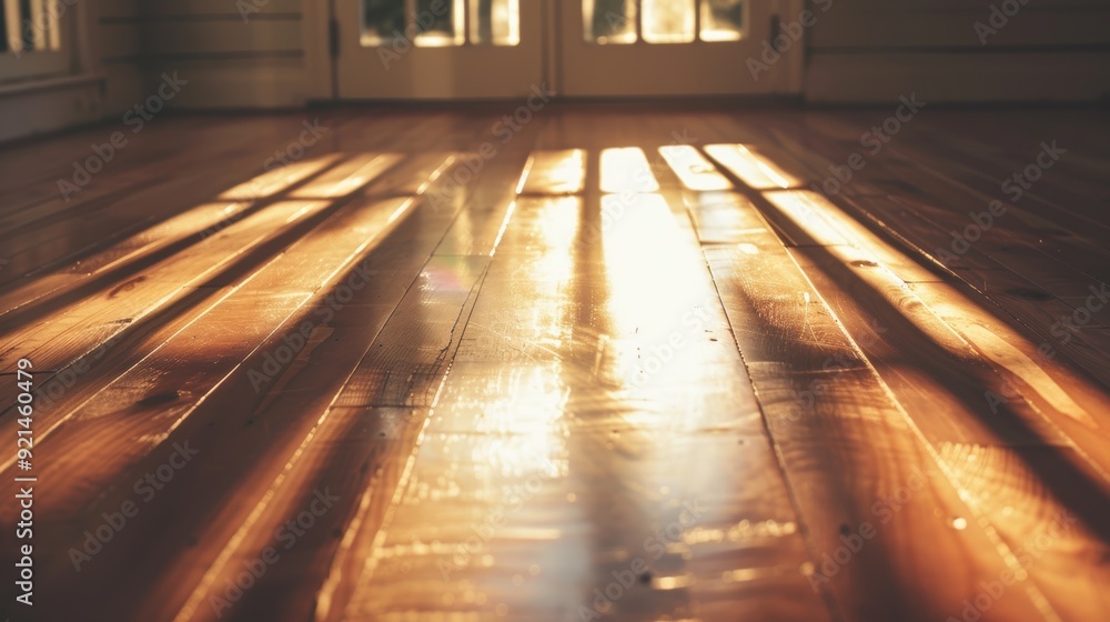 Aufkleber sunlight shining through window and creating lines of light and shadow on a hardwood floor