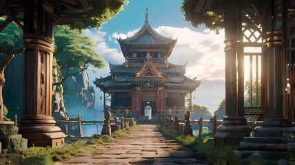 ゲーム背景　廃墟神殿の奥にある中華ファンタジー風の仏塔風家屋