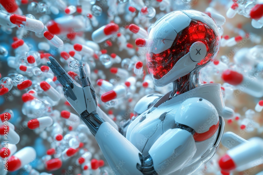 Aufkleber robotic face embedded with colorful pills representing the intersection of ai and pharmacology