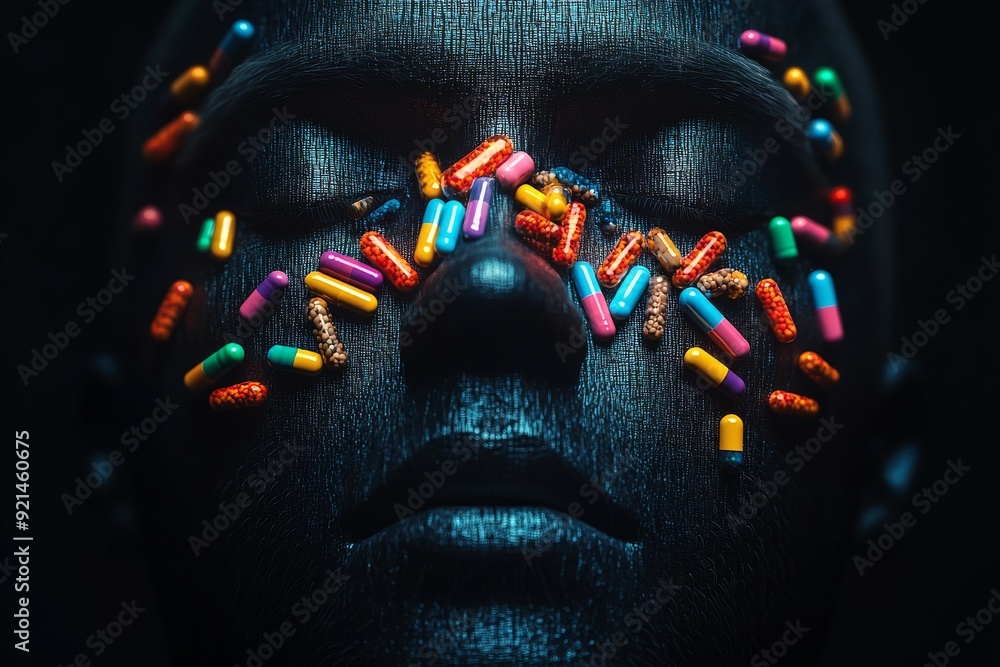 Poster futuristic robot face illuminated by a spectrum of neon lights showcasing advanced facial recognitio