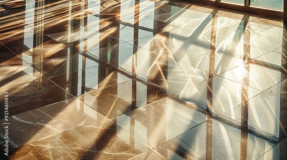 Poster abstract geometric pattern created by sunlight reflecting on a shiny tiled office floor