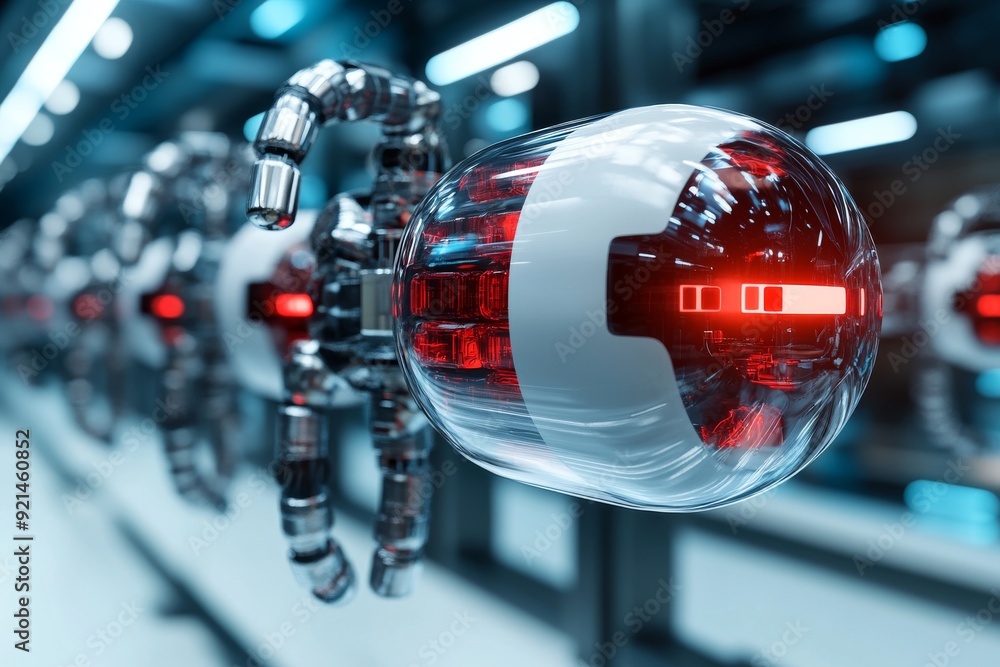 Poster robot with a camera eye in an industrial setting symbolizing surveillance and advanced monitoring te