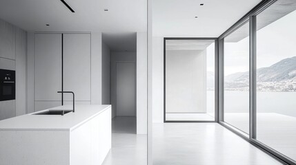 Fototapeta premium Sleek kitchen with white countertops and minimalist fixtures