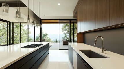 Sleek kitchen with white countertops and minimalist fixtures
