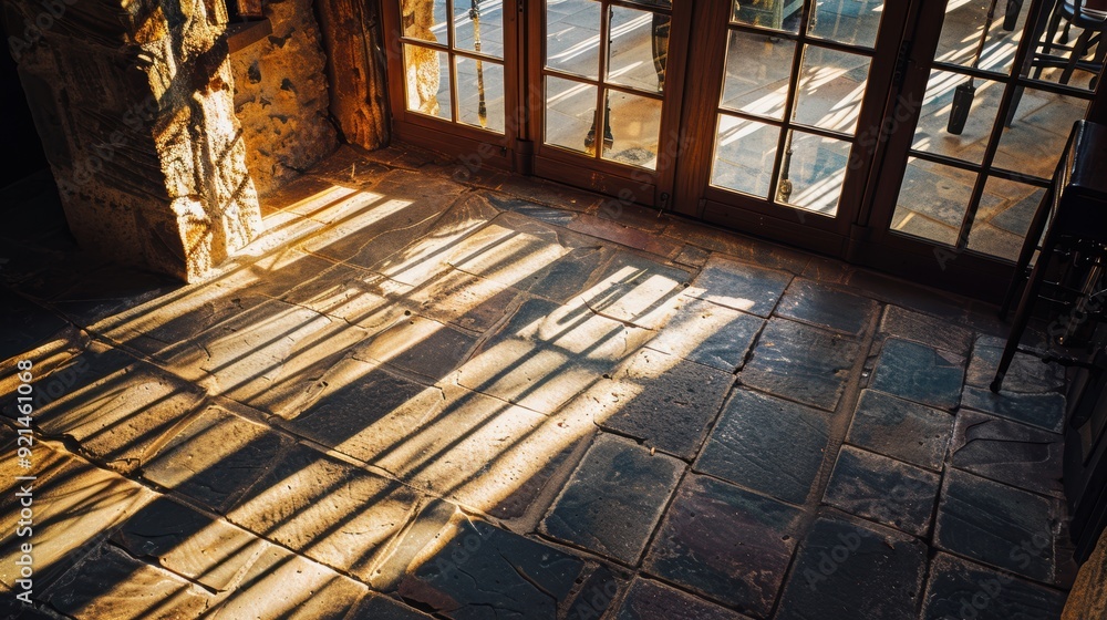 Poster sunlight streaming through a window is illuminating the stone tile floor of a house, creating a warm