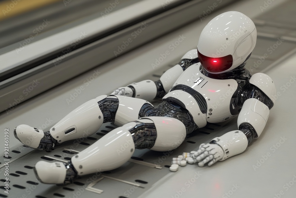Poster red and white robotic fingers gently touching illustrating the delicate interaction of robotic compo