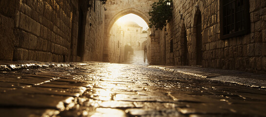 Elegant ancient street in Jerusalem with nostalgic cobblestone archway.