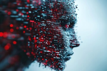 Disintegrating robotic face with particles flying visualizing the concept of AI disintegration or system decomposition