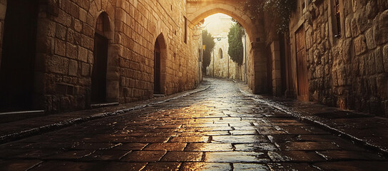 Obraz premium Elegant ancient street in Jerusalem with nostalgic cobblestone archway.