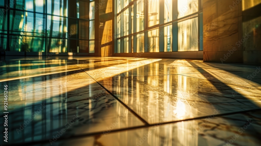 Poster sunlight is streaming through windows in a modern building, creating bright reflections on the shiny