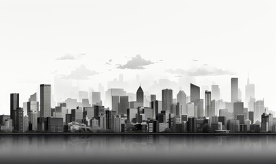 Black and white city skyline flat design, top view, urban landscape, 3D render, Complementary Color Scheme
