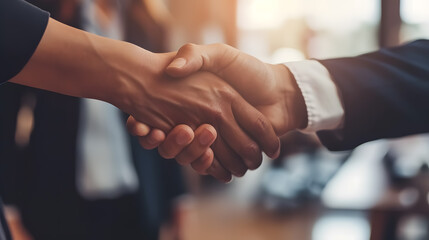 Office Handshake: Man and woman shaking hands in an office setting, symbolizing collaborative 