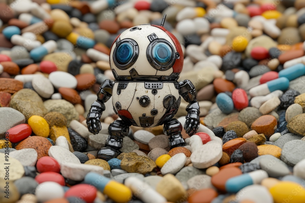 Poster quaint robot dog amidst a pile of pills illustrating the integration of robotics in everyday life an
