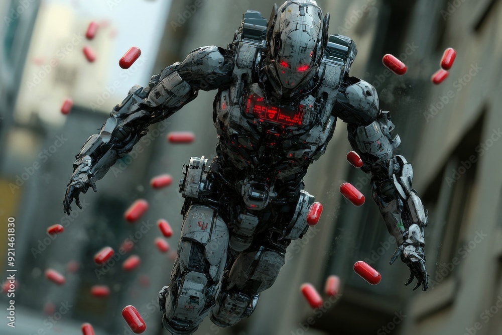 Poster dark robotic figure with red illuminated parts embodying the menacing aspects of ai and technology