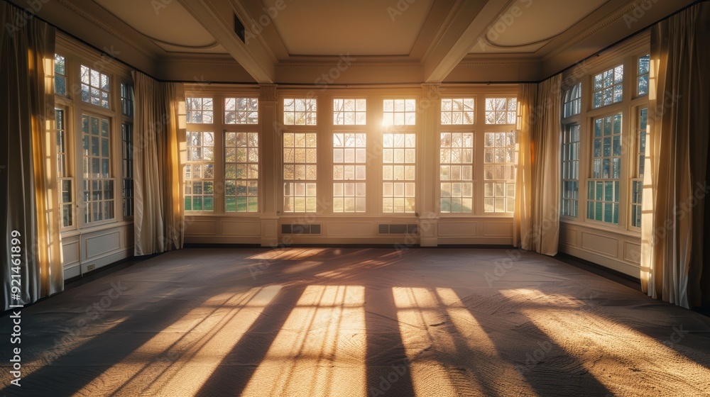 Aufkleber sunlight streaming through the windows of an empty room, casting long shadows on the floor