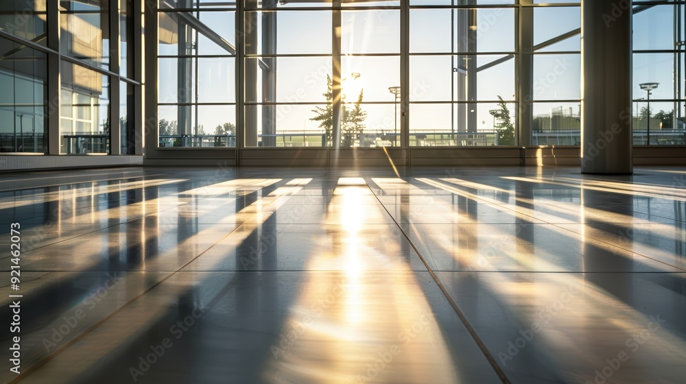 Poster bright reflections on the tile floor as sunlight streams into an empty office building through the w