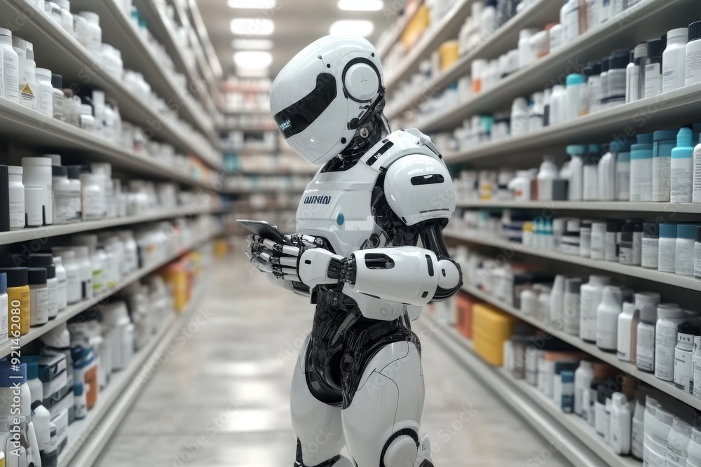 Poster futuristic robot in a library scanning books symbolizing the merger of advanced ai with traditional 