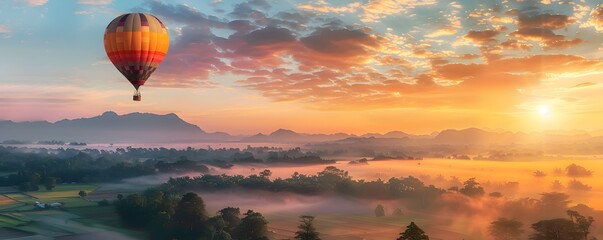 Hot Air Balloon Soaring Over Foggy Valley at Sunrise