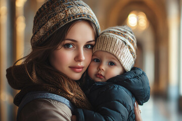 Obraz premium Mother embracing her baby in a stunning cathedral setting.