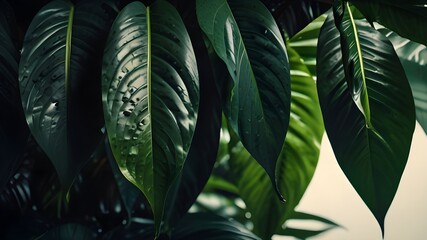 Obraz premium Large foliage of tropical leaf with dark green texture, abstract nature background. vintage color tone.Large foliage of tropical leaf with dark green texture, abstract nature background. vintage color