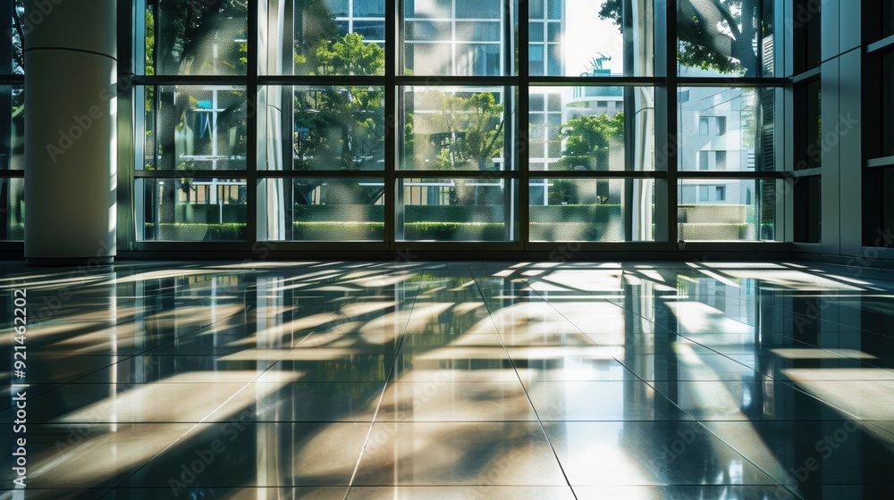Poster sunlight streaming through office windows, casting tree shadows on empty floor