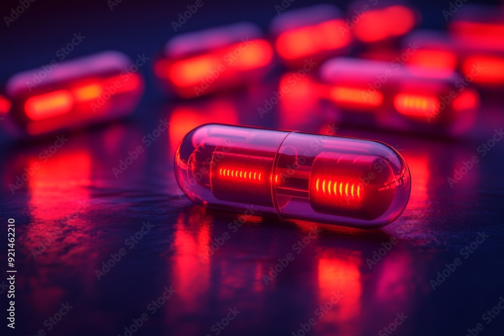 Poster robotic hand meticulously pouring red capsules into a container highlighting the precision and contr