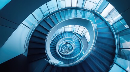Spiral staircase inside a modern cylindrical building with glass floors