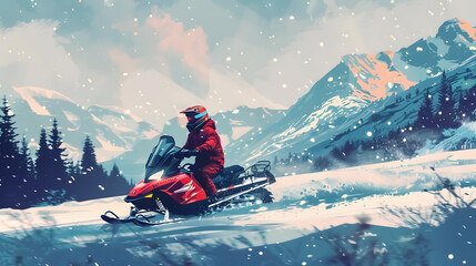 Snowmobiling: Man driving a snowmobile in a winter mountain background, wearing a helmet 