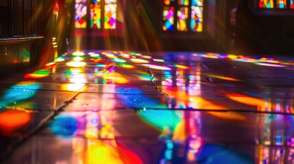 Sunlight is shining through stained glass windows, creating colorful reflections on a church floor