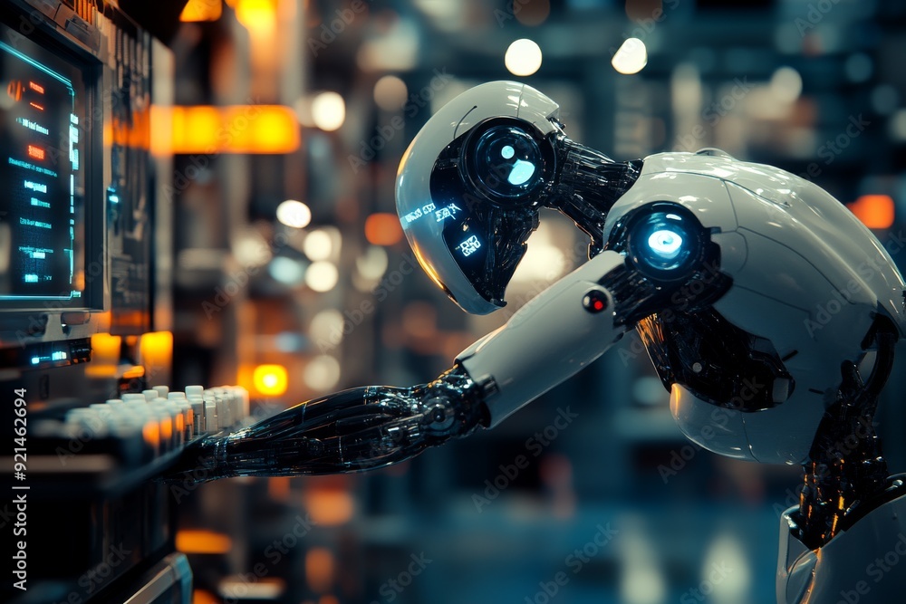 Aufkleber robot with reflective visor in a sci fi corridor symbolizing vigilance and advanced surveillance in 