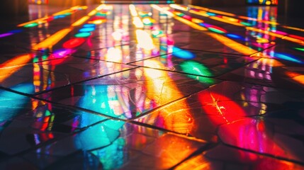 Fototapeta premium Vibrant and abstract pattern created by colorful light beams reflecting on a tiled floor