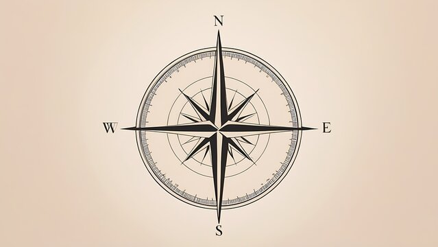 Compass rose graphic with N, S, E, W directions and degree markings. Ideal for navigation, map, travel, nautical themes.