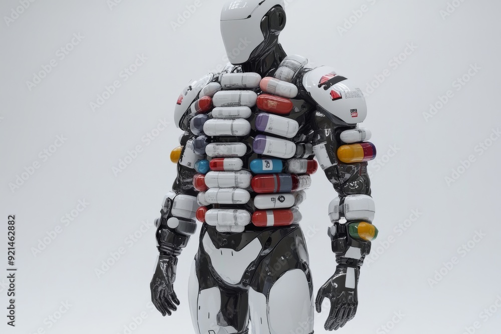 Poster robot with body covered in pills representing the integration of pharmaceuticals into robotic system