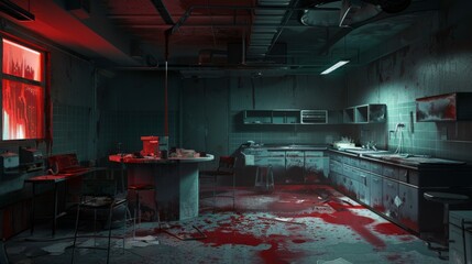 A dark, abandoned kitchen with blood stains, evoking a sense of horror and neglect.