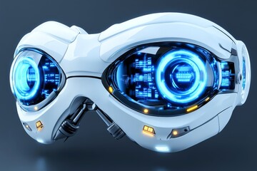 Futuristic goggles with glowing blue lenses representing the advancement of augmented reality and wearable technology