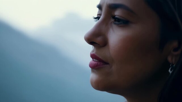 A tearful expression on a womans face as she shares her personal story of discrimination and inequality.