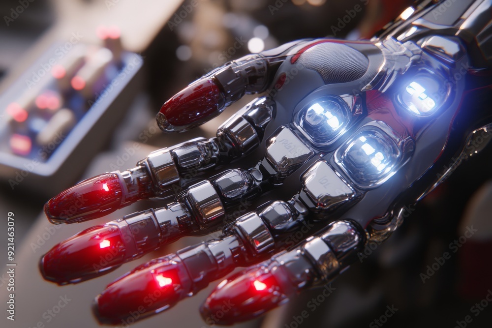Poster robotic hand with glowing red fingertips emphasizing the precision and control in advanced ai applic