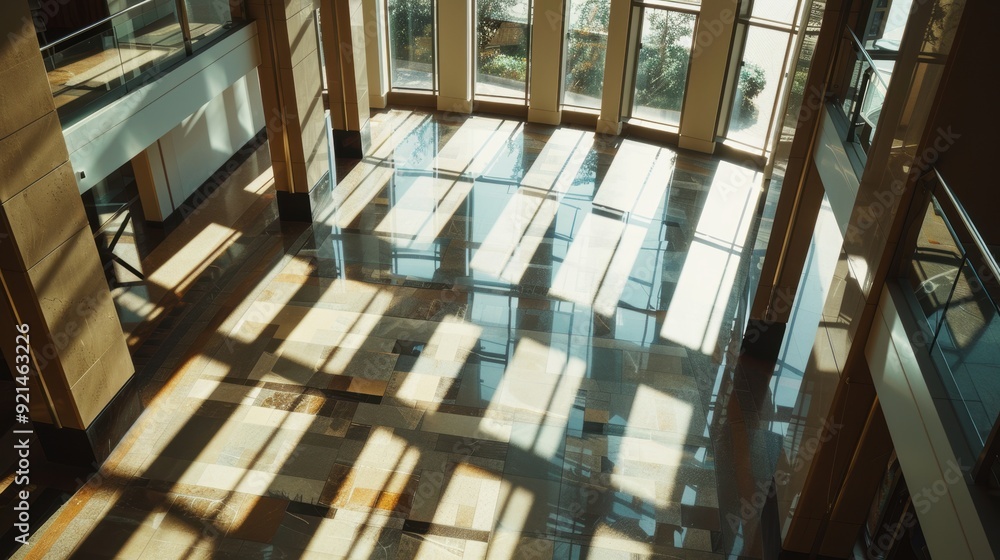 Poster sunlight streaming through windows in a large, empty, modern building with tiled floors