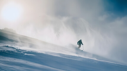 Man skiing on the prepared slope with fresh new powder snow