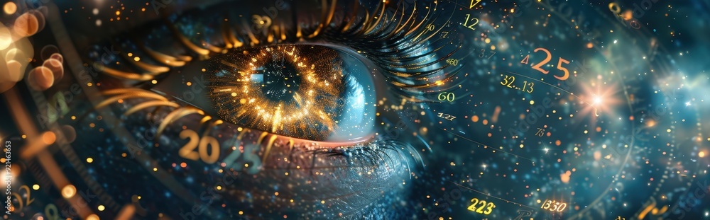 Poster golden eye with numbers and sparkles against a blue background