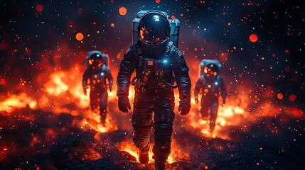 Fototapeta premium Astronauts walking on the lunar surface, space suit, Hyper-realistic photo, shot with Sony A7Rv, cinematic, Photo with copy space. 