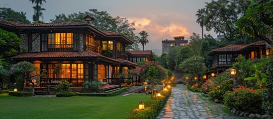 Obraz premium Charming Stone Cottage with Garden Path at Twilight