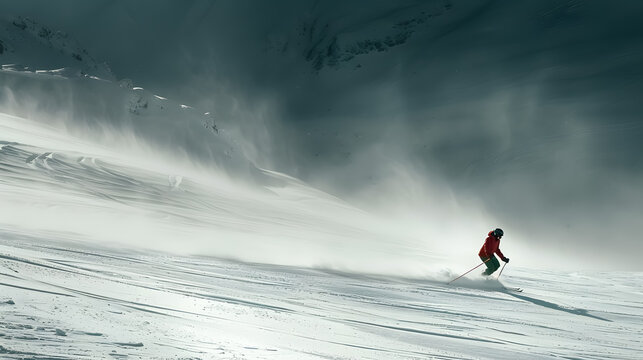 Man skiing on the prepared slope with fresh new powder snow in Alps